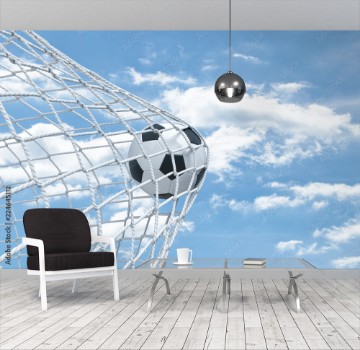 Picture of 3d rendering of a football ball caught in a white net from the gates on a sky background